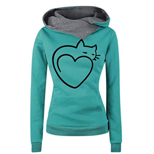 CLOOM Sudadera con Capucha Mujer Estampado De Gato Pullover De Manga Larga Invierno Sudaderas Deportivas Casuales Suaves Cuello Alto Abrigos con Bolsillo Chaqueta De Punto