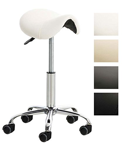 CLP Taburete con Ruedas Reno En Simil Cuero I Taburete De Trabajo Giratorio I Silla De Escritorio Regulable En Altura I Color: Blanco