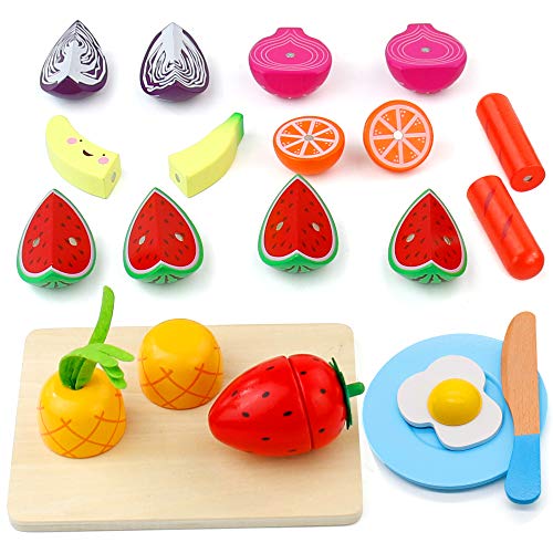 Cocina Infantil - Cortar Frutas Verduras Juguetes Madera Alimentos de Juguete Frutas y Verduras Juguete con 23PCS Set de Cocina para Niños Niñas 3 4 5 Años+