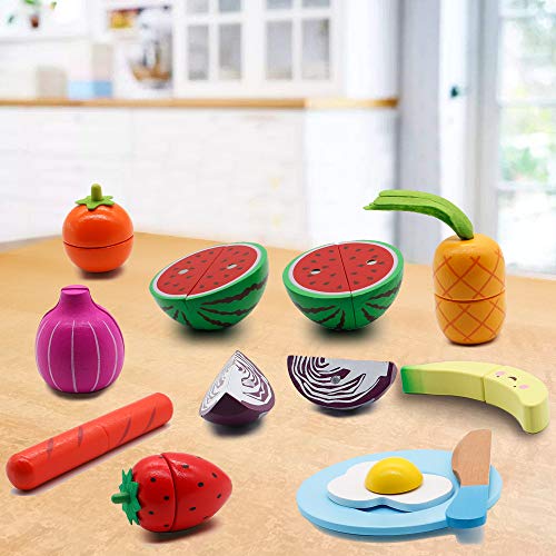 Cocina Infantil - Cortar Frutas Verduras Juguetes Madera Alimentos de Juguete Frutas y Verduras Juguete con 23PCS Set de Cocina para Niños Niñas 3 4 5 Años+