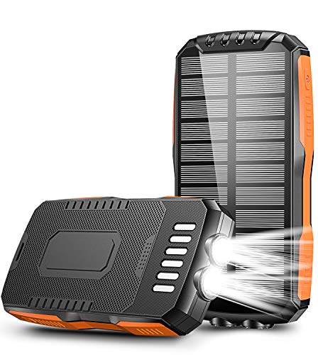 Cocoda Cargador Solar, 25000mAh Power Bank con 2 Linternas Ultra Brillantes, Batería Externa Portátil con 2 Salidas & 2 Entradas (Micro USB y Tipo C), Solar Powerbank Impermeable para Exteriores