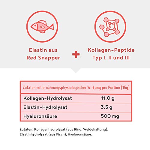 Colágeno con elastina y ácido hialurónico | Péptidos de hidrolizado de colágeno de tipo I, II y III | Sin aditivos | Sin sabor | 450 gramos