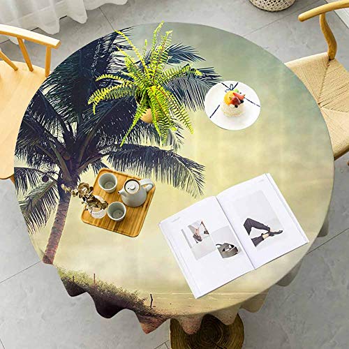 Colección Hawaiian Decoraciones Mantel redondo Hotel Natural Playa Atardecer con Siluetas de Palma Arbustos Nubes de Mar y Paisaje de Arena Diseño único Verde Azulado Marrón Diámetro 70,9 cm