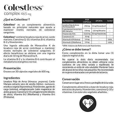 Colestless® complex con levadura roja de arroz, cardo mariano, Q-10, fitoesteroles, vitaminas B-2 y B-6 – 30 Cápsulas vegetales. (Pack 2 unid.)
