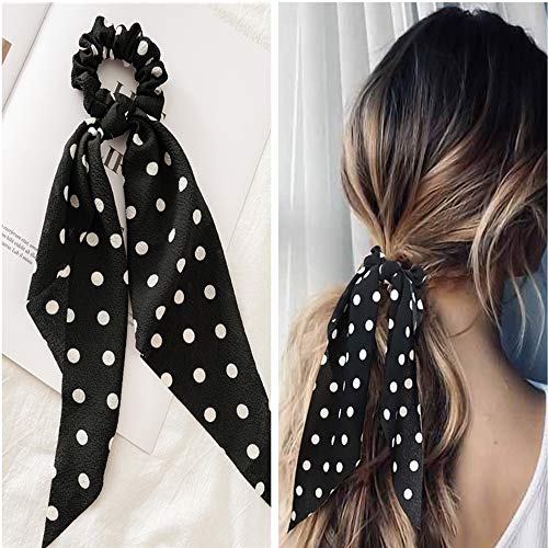 Coleteros de pelo de gasa con lazo 2 en 1 diseño elástico para coleta de caballo, bufanda floral vintage con lunares accesorios para el pelo, cuerdas para mujeres, niñas y mujeres