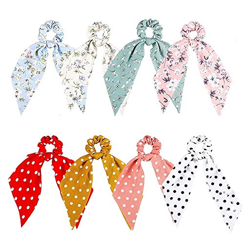 Coleteros de pelo de gasa con lazo 2 en 1 diseño elástico para coleta de caballo, bufanda floral vintage con lunares accesorios para el pelo, cuerdas para mujeres, niñas y mujeres