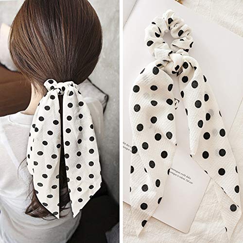 Coleteros de pelo de gasa con lazo 2 en 1 diseño elástico para coleta de caballo, bufanda floral vintage con lunares accesorios para el pelo, cuerdas para mujeres, niñas y mujeres