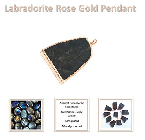 Colgante de labradorita energizada chapado en oro rosa, piedra natural pulida para la protección de la ansiedad y la depresión – Se envía en bolsa de regalo de organza.