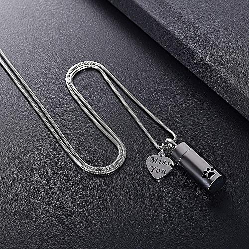 Colgante de urna de cremación con Cilindro Grabado con Estampado de Pata Negra con amuletos Miss You Cadena Colgante de joyería de Recuerdo para Mascotas