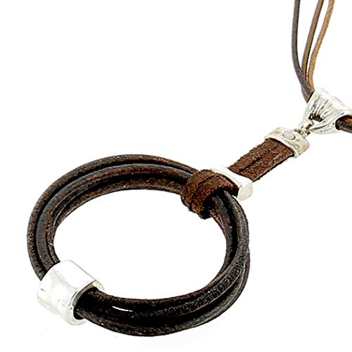 Collar Largo de Cuero Tejano, elaborado con algodón ecológico, Piel y Abalorios chapados en Plata. Su sencillez es su Mayor Virtud. (Brown)