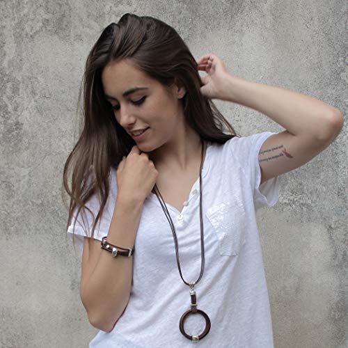 Collar Largo de Cuero Tejano, elaborado con algodón ecológico, Piel y Abalorios chapados en Plata. Su sencillez es su Mayor Virtud. (Brown)