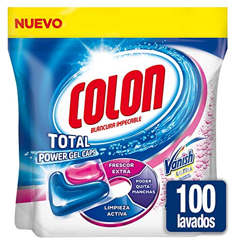 Colon Total Power Gel Caps Vanish - Detergente para lavadora con agentes quitamanchas, formato cápsulas - pack de 2, hasta 100 dosis