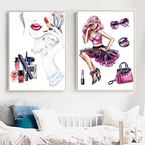 Color Moda París Perfume Mujer Cosmética Carteles e impresiones nórdicos Arte de la pared Pintura de la lona Imagen de la pared Chica Decoración para el hogar 60X80cm Sin marco 3 piezas Set Descuento