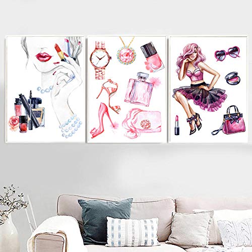 Color Moda París Perfume Mujer Cosmética Carteles e impresiones nórdicos Arte de la pared Pintura de la lona Imagen de la pared Chica Decoración para el hogar 60X80cm Sin marco 3 piezas Set Descuento