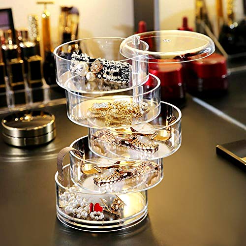 Comius Sharp Caja Joyero Organizador Rotación de 360° con Tapa Almacenamiento, Caja Joyero Organizador de Almacenamiento de Joyas 4 Niveles, para Anillos, Pendientes Pulseras y Collares (Transparente)