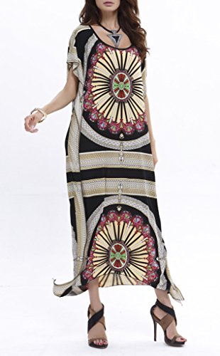 COMVIP Mujeres Nación de Nepal Imprimir alas de murciélago manga vestido maxi de Boho Busto: los 94cm, longitud: 134cm Negro
