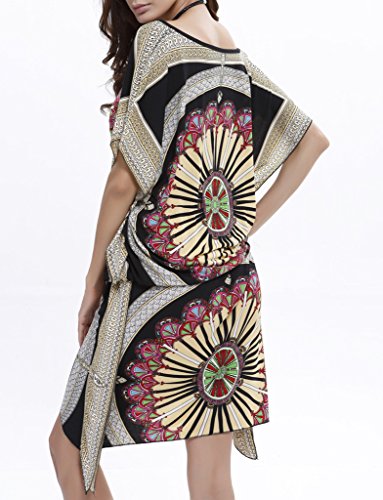 COMVIP Mujeres Nación de Nepal Imprimir alas de murciélago manga vestido maxi de Boho Busto: los 94cm, longitud: 134cm Negro