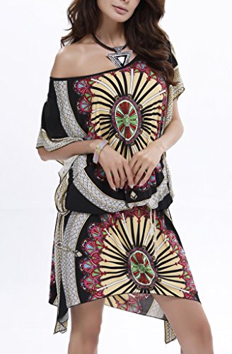 COMVIP Mujeres Nación de Nepal Imprimir alas de murciélago manga vestido maxi de Boho Busto: los 94cm, longitud: 134cm Negro