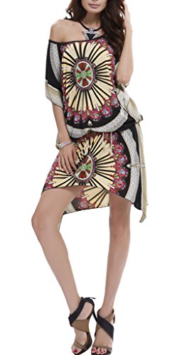 COMVIP Mujeres Nación de Nepal Imprimir alas de murciélago manga vestido maxi de Boho Busto: los 94cm, longitud: 134cm Negro