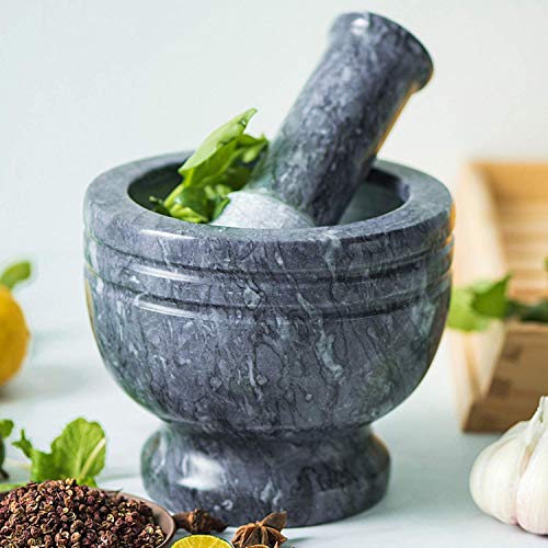 Conjunto de mortero de mortero Premium Sólido y duradero Mármol natural Especias Semillas de hierbas Trituradora de sal y pimienta Molinillo Pasta de molienda - Cómodo y fácil de usar, Apósito gris
