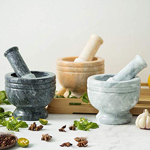 Conjunto de mortero de mortero Premium Sólido y duradero Mármol natural Especias Semillas de hierbas Trituradora de sal y pimienta Molinillo Pasta de molienda - Cómodo y fácil de usar, Apósito gris