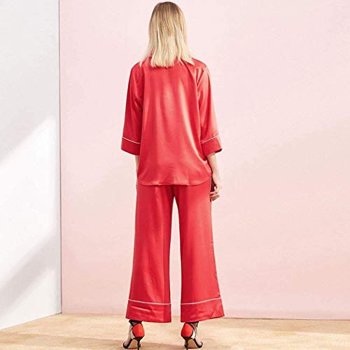 Conjunto de pijama largo de manga larga para mujer, estilo europeo y americano, 100% seda, servicio en el hogar, de un solo pecho, de manga larga, ropa de dormir sexy (color: rojo, tamaño: grande)