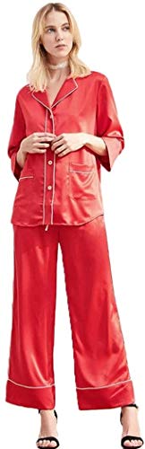 Conjunto de pijama largo de manga larga para mujer, estilo europeo y americano, 100% seda, servicio en el hogar, de un solo pecho, de manga larga, ropa de dormir sexy (color: rojo, tamaño: grande)