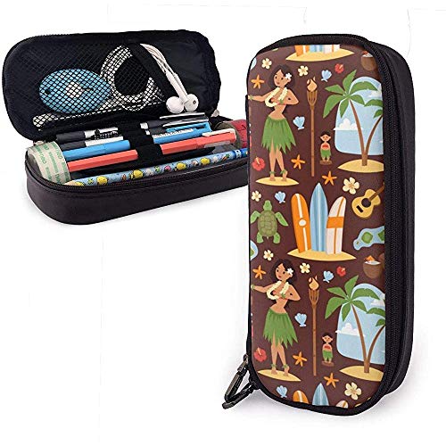 Conjunto vintage de iconos y símbolos hawaianos Estuche de cuero para lápices, estuche para bolsa de lápices con soporte para bolígrafo con cremallera Estuche estacionario de cuero Nanoprint