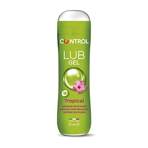 Control Lub Gel Tropical Gel lubricante con aroma a fruta de la pasión, Base acuosa, Compatible con el preservativo, Hipoalergénico, sin azúcar, No mancha, Color Transparente, 75 ml