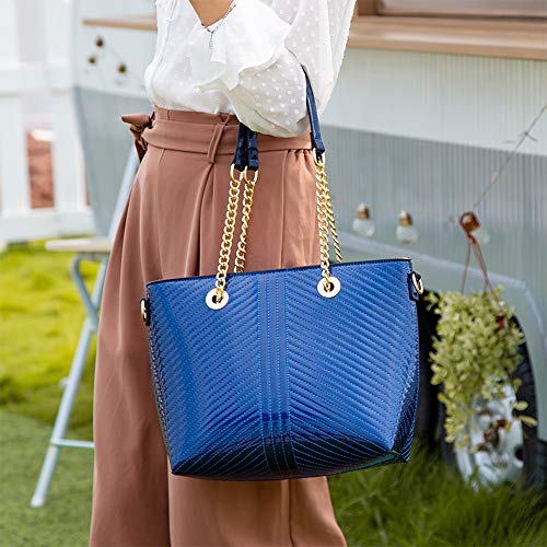 Coolives Bolso Tote con Bandolera para Mujer Clásico Hilo de Bordar Shoppers y Bolsos de Hombro en Charol de PU Azul