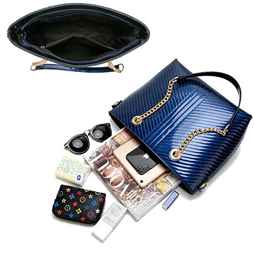 Coolives Bolso Tote con Bandolera para Mujer Clásico Hilo de Bordar Shoppers y Bolsos de Hombro en Charol de PU Azul