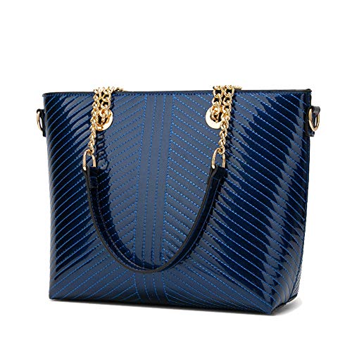Coolives Bolso Tote con Bandolera para Mujer Clásico Hilo de Bordar Shoppers y Bolsos de Hombro en Charol de PU Azul