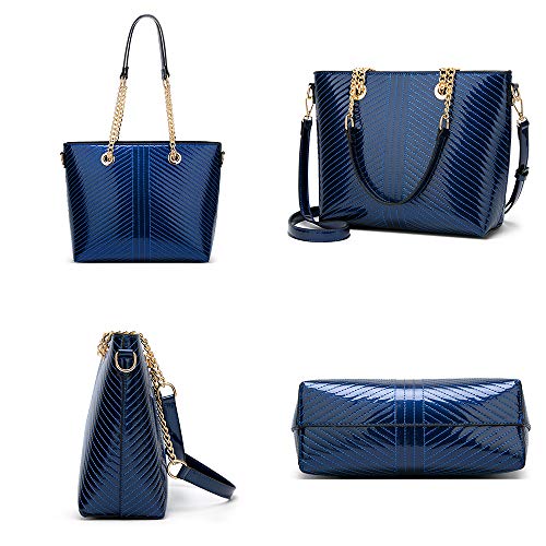 Coolives Bolso Tote con Bandolera para Mujer Clásico Hilo de Bordar Shoppers y Bolsos de Hombro en Charol de PU Azul