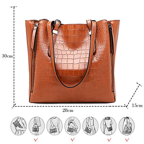 Coolives Bolso Tote Textura de cocodrilo para Mujer en Cuero de PU Marrón