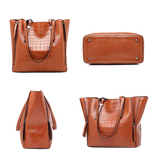 Coolives Bolso Tote Textura de cocodrilo para Mujer en Cuero de PU Marrón