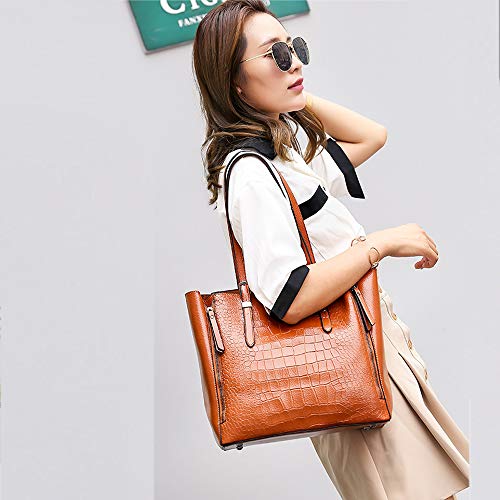 Coolives Bolso Tote Textura de cocodrilo para Mujer en Cuero de PU Marrón