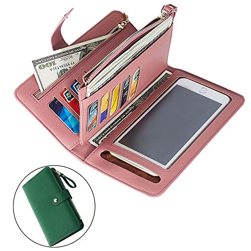 Coopay Cartera Mujer,Monederos Gran Capacidad Larga,Cuero Sintético Elegante Cuaderno Pantalla Táctil Diseño Bolsa,Ligera Cremalleras Tarjetero Bolsillos Clutch,Móvil Billetera para LG Sony,Verde