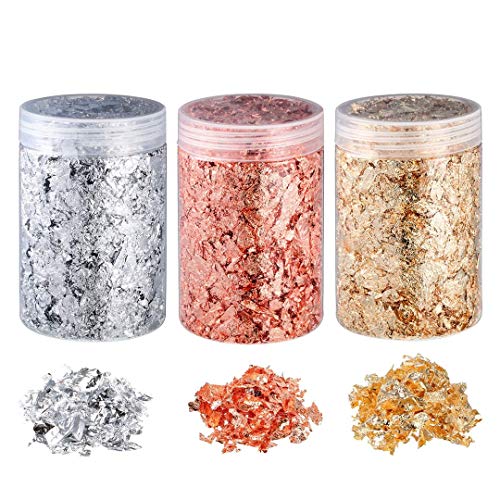 copos dorados copos de hoja de oro, copos de lámina metálica de imitación para arte de resina, pintura, manualidades, decoración de fabricación de joyas de uñas (5 gramos/botella)