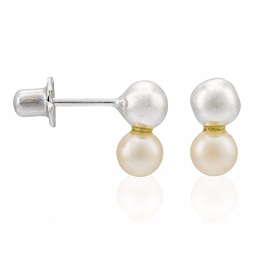 Córdoba Jewels |Pendiente de plata de Ley 925 con diseño Perla Sfera cultivada con dos bolas plata de 4mm.y dos perlas cultivadas de 4mm. Largo 8mm. Cierre de tuerca.
