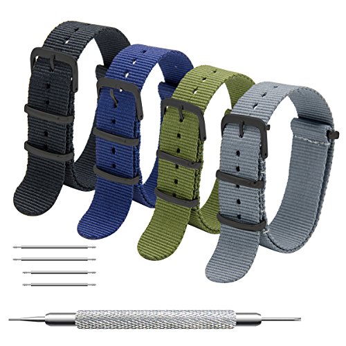 Correas de Nylon NATO Paquete de 4 16mm 18mm 20mm 22mm 24mm Balístico Zulu Correa para Reloj Hebilla de Acero Inoxidable Negro