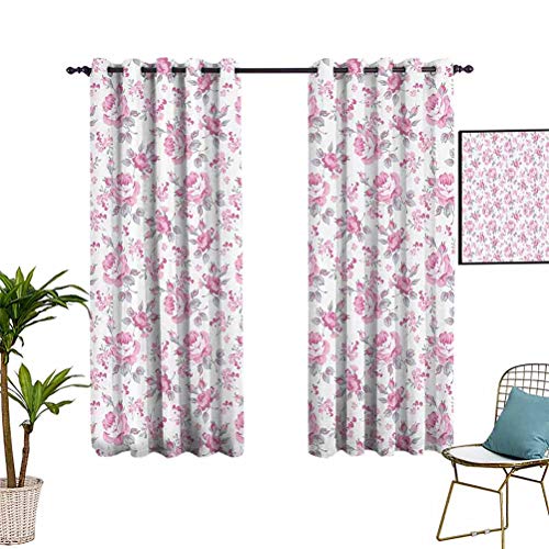 Cortina de cocina Shabby Chic Decor Rosas rosas con hojas grises Ropa de cama Plantas Primavera Flores Uso diario Rosa claro Blanco Gris W52 x L63 pulgadas