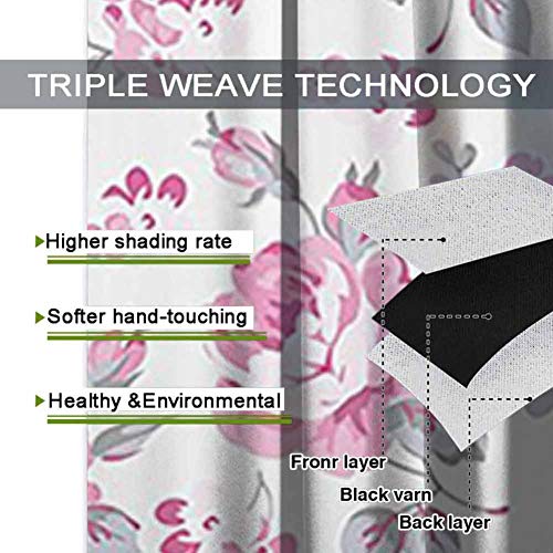 Cortina de cocina Shabby Chic Decor Rosas rosas con hojas grises Ropa de cama Plantas Primavera Flores Uso diario Rosa claro Blanco Gris W52 x L63 pulgadas