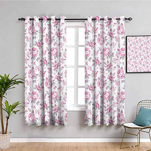 Cortina de cocina Shabby Chic Decor Rosas rosas con hojas grises Ropa de cama Plantas Primavera Flores Uso diario Rosa claro Blanco Gris W52 x L63 pulgadas