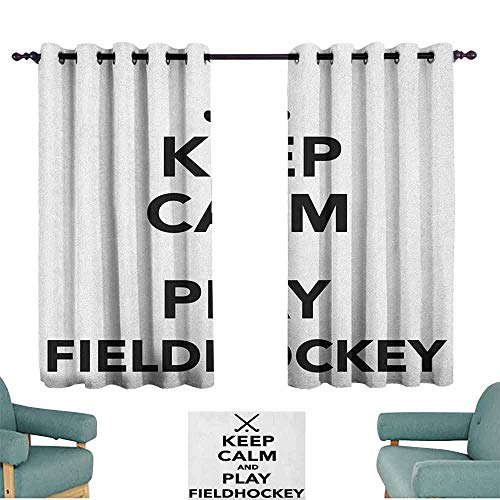 Cortina de hockey con texto en inglés "Keep Calm and Play Fieldhockey" en blanco y negro con palos e icono de bola cortina de reducción de ruido, 63 x 160 cm, color blanco y negro