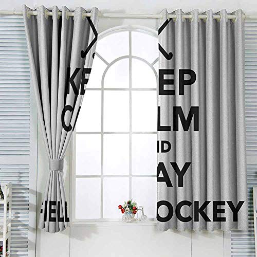Cortina de hockey con texto en inglés "Keep Calm and Play Fieldhockey" en blanco y negro con palos e icono de bola cortina de reducción de ruido, 63 x 160 cm, color blanco y negro