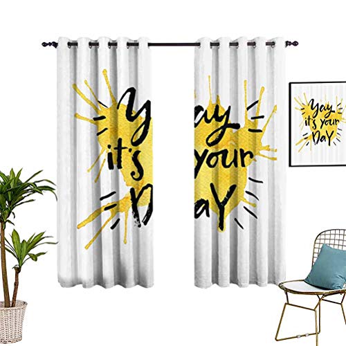 Cortina oscura con cita para decoración de habitación, con texto en inglés "Yay It is Your Day", fácil de limpiar, color amarillo de 52 x 63 pulgadas
