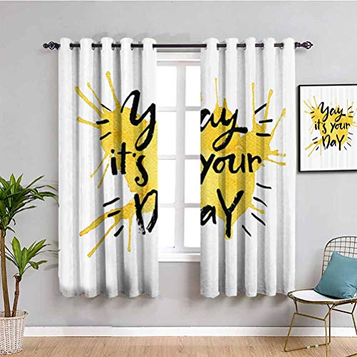 Cortina oscura con cita para decoración de habitación, con texto en inglés "Yay It is Your Day", fácil de limpiar, color amarillo de 52 x 63 pulgadas