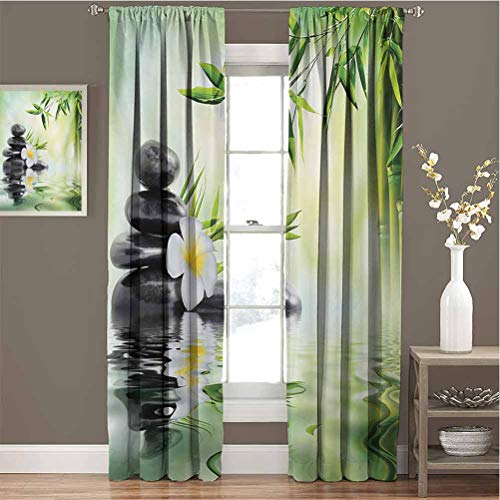 Cortinas opacas para el dormitorio con Frangipani bambú japonesa relajación descanso viaje cortinas opacas para la sala de estar W72 x L96 pulgadas verde pálido carbón gris amarillo
