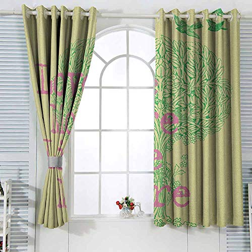 Cortinas opacas térmicas con ojales, diseño de animales con texto en inglés "Love Live and Peace", color verde y rosa y amarillo
