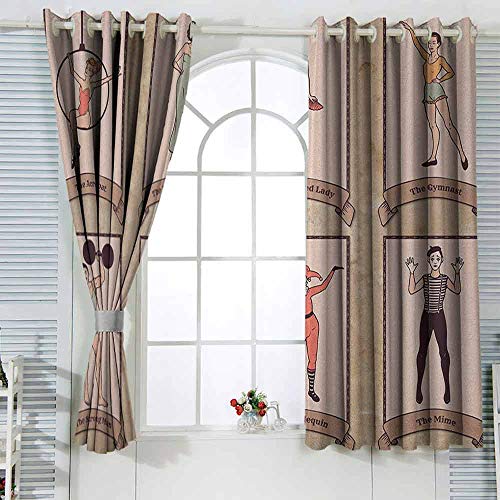 Cortinas para sala de estar Circo Vintage Circo Personajes Acrobat Barbudo Lady Gymnast Hombre Arlequín Mime Aislamiento Térmico Pestaña Parte posterior W108 x 213 cm Rosa Beige
